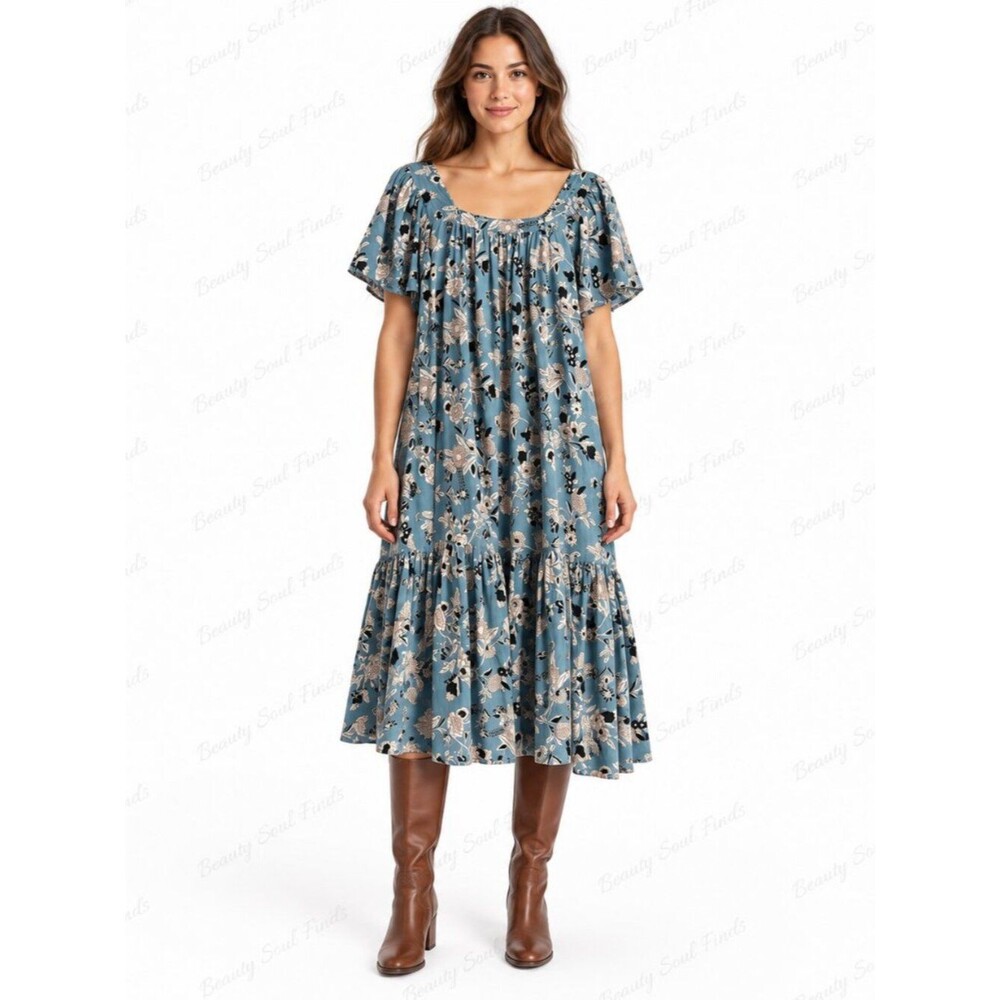 Ophelia & Indigo Blue Floral Smocked Neck Cotton Boho Midi Dress Size S/M